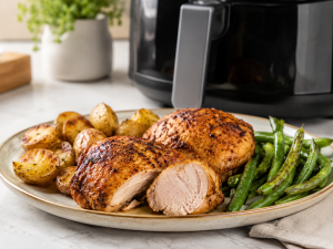Air fryer chicken thighs served with roasted potatoes and green beans for an easy dinner