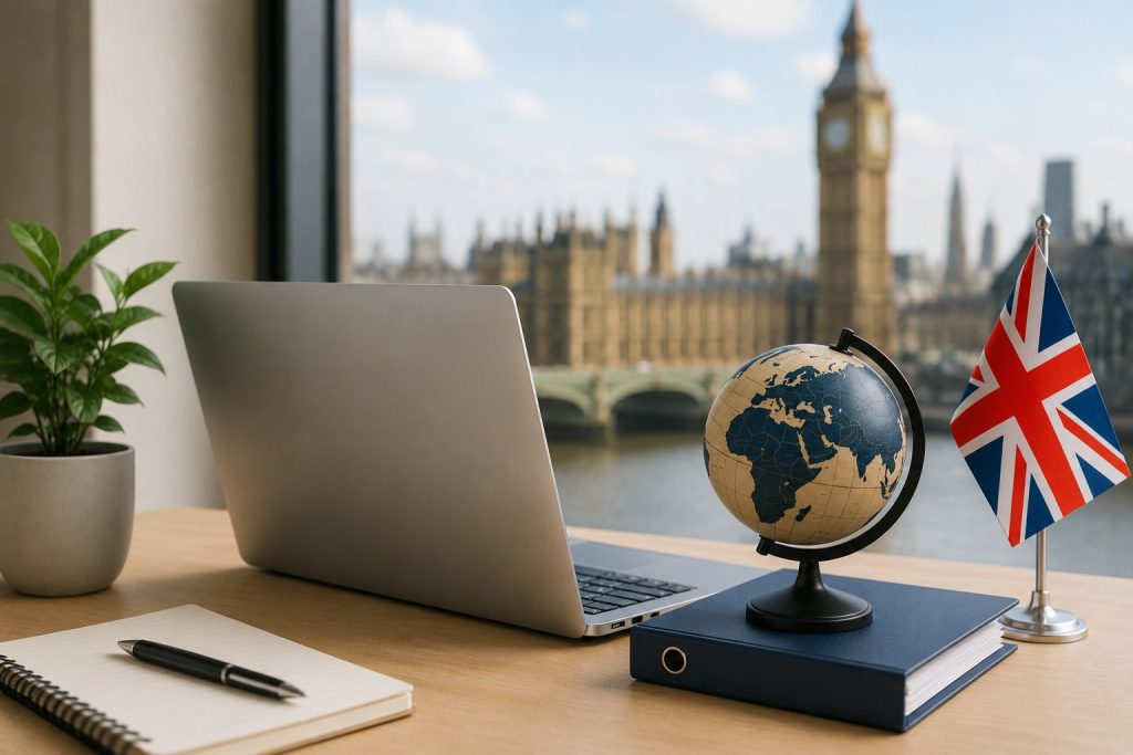 Modern office desk representing non-resident UK company formation for freelancers and contractors