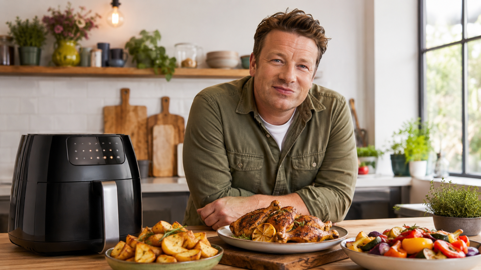 Jamie Oliver-inspired air fryer meal with roasted chicken, potatoes and vegetables in a modern kitchen