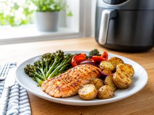Air fryer salmon and vegetables meal