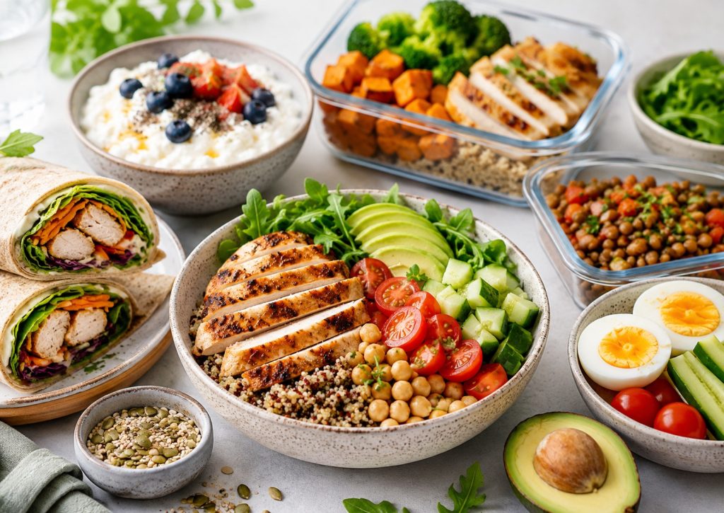 Best High Protein Lunch Ideas for Work, Weight Loss and Busy Days High protein lunch ideas with grilled chicken, quinoa, eggs, avocado and fresh vegetables
