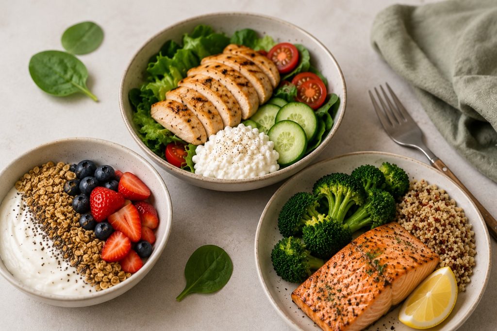 Low calorie high protein meals with yoghurt bowl, grilled chicken salad, salmon, quinoa and vegetables