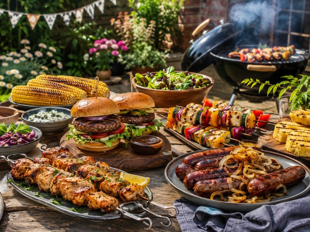 food and drink Summer barbecue table with grilled skewers, burgers, corn and fresh sides