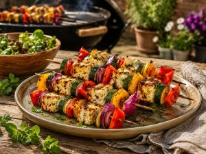 Halloumi vegetable skewers