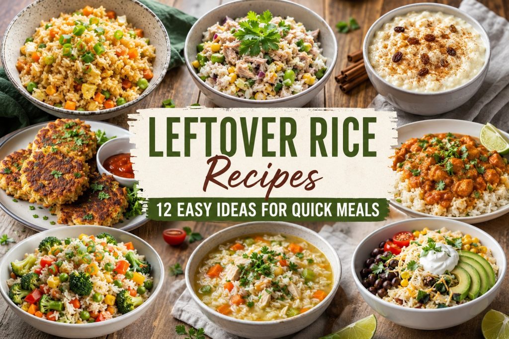 Leftover Rice Recipes: 12 Easy Ideas for Quick Meals Selection of easy meals made with leftover cooked rice on a kitchen table