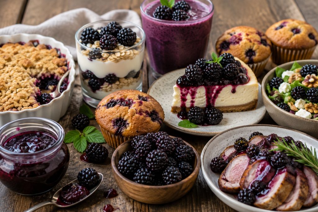 Fresh blackberries with crumble, muffins and a blackberry drink on a summer kitchen table