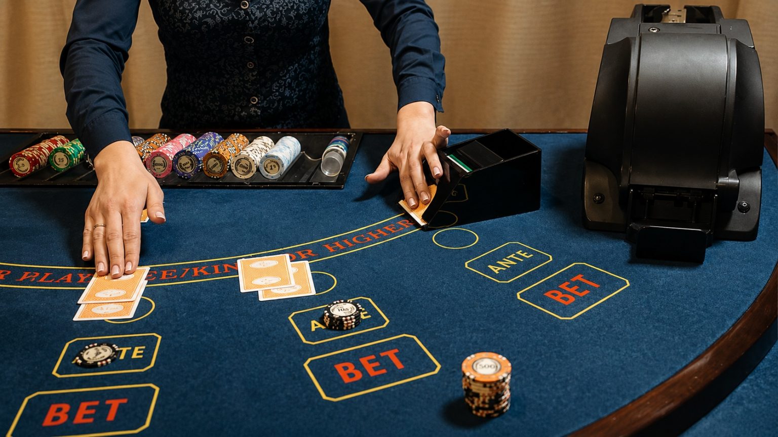 Slot Gacor Games with Innovative Features and Smooth Gameplay Casino dealer handling playing cards at a blue gaming table