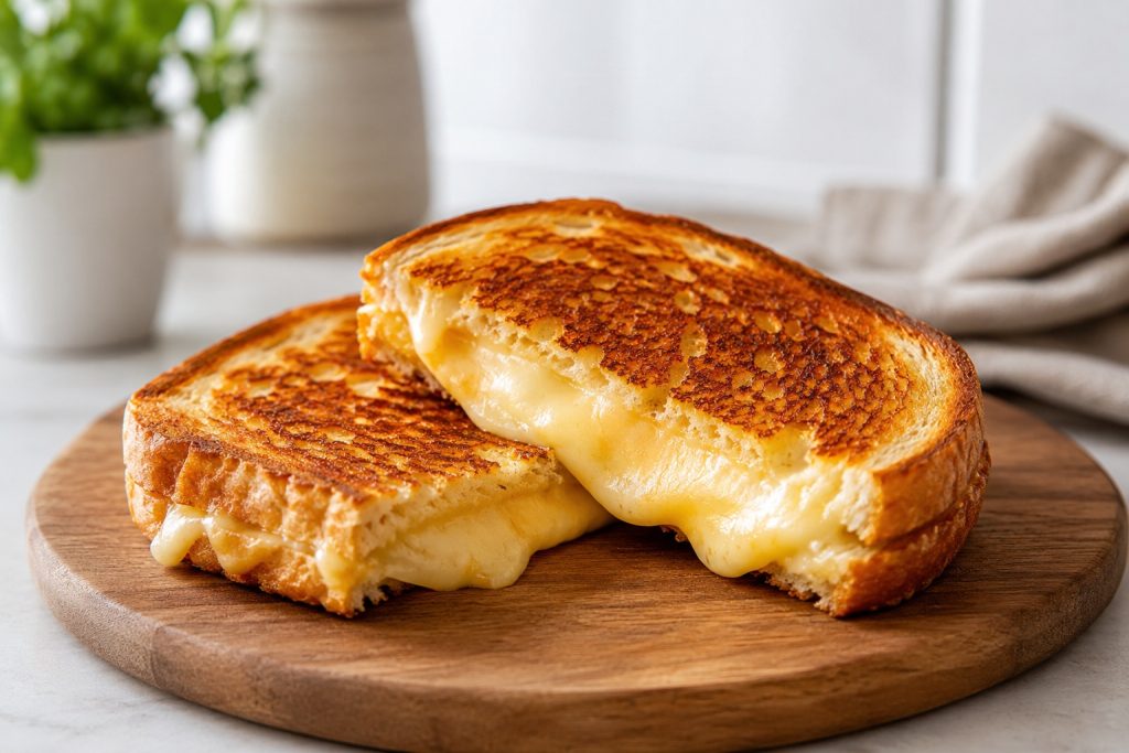 Crispy cheese toastie cut in half with melted cheese and simple fresh ingredients