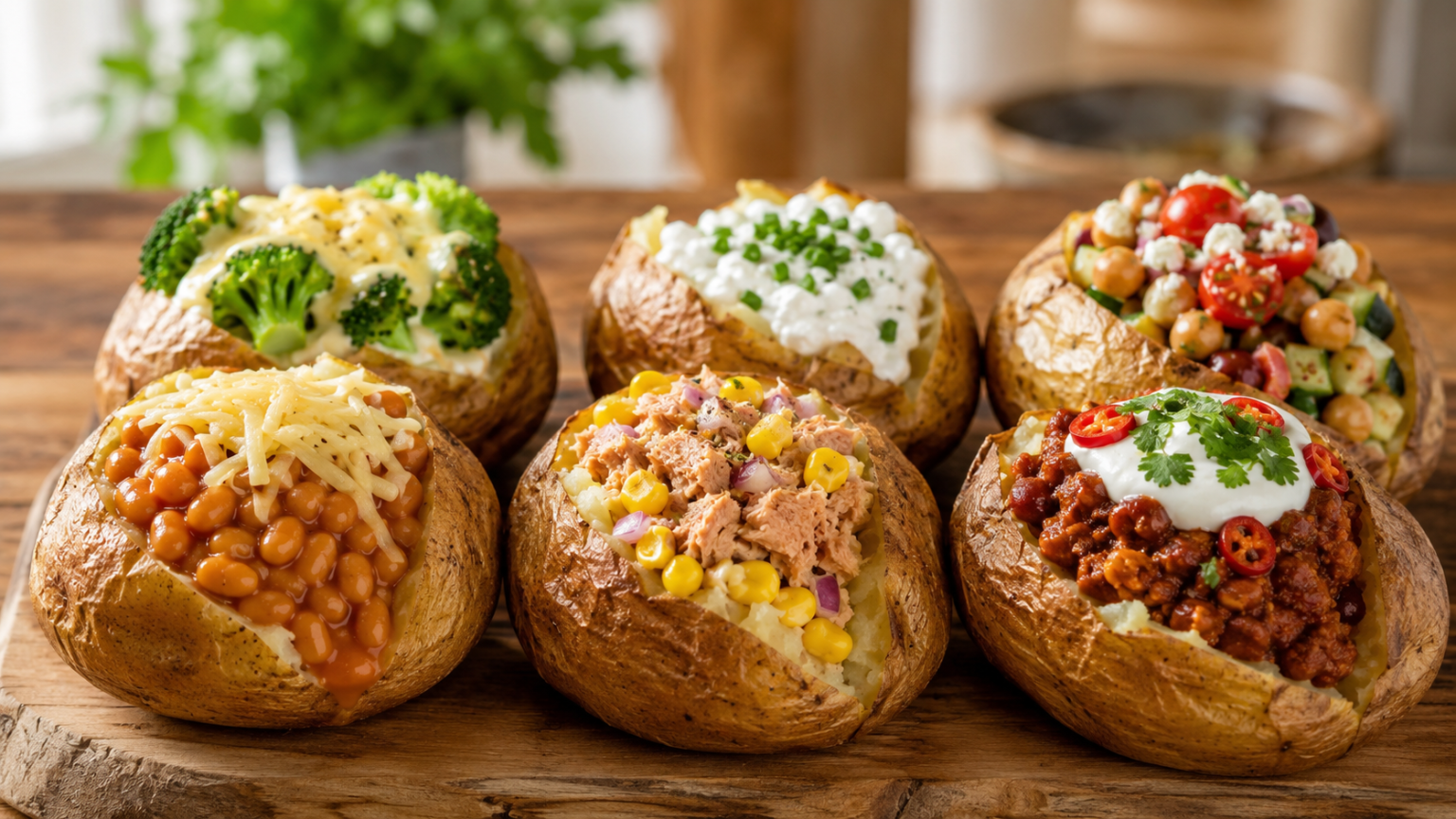 Jacket Potato Fillings: 12 Easy Ideas for Lunch and Dinner Crispy jacket potatoes served with a selection of easy savoury fillings