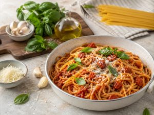Simple pasta ingredients including tomatoes, garlic, basil and olive oil