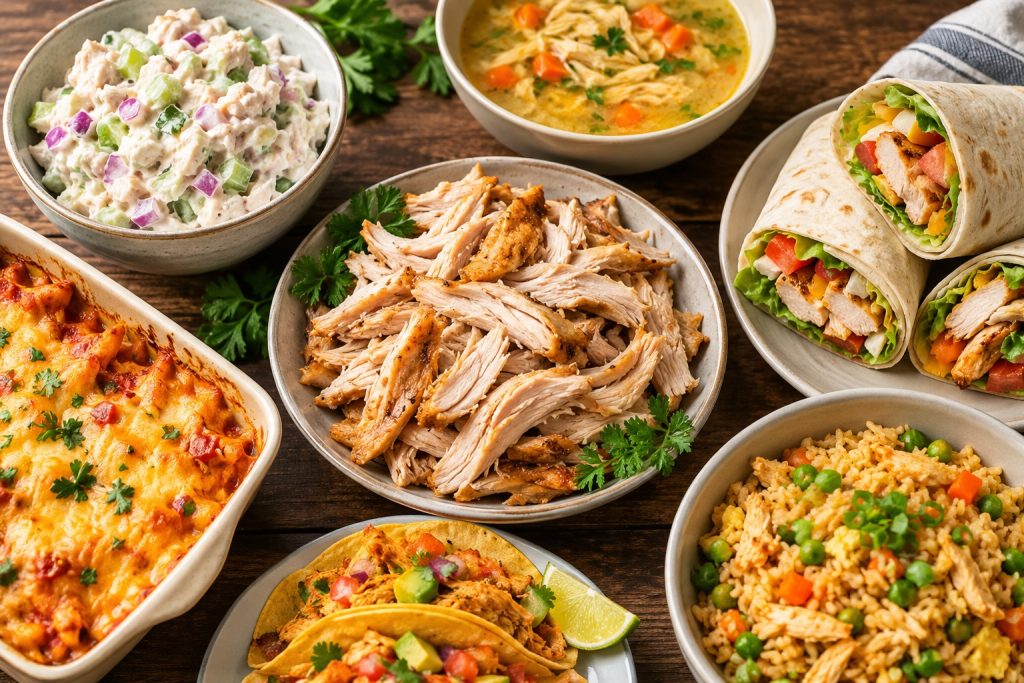 Leftover cooked chicken used in easy meal ideas with vegetables and fresh ingredients