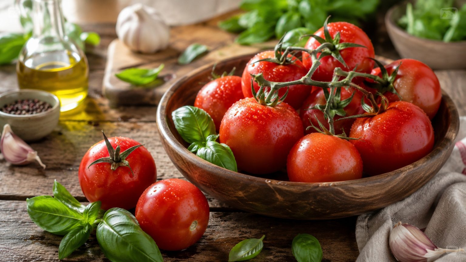 Easy Tomato Recipes for UK Kitchens Fresh ripe tomatoes with basil and garlic arranged on a rustic kitchen table for easy tomato recipes.