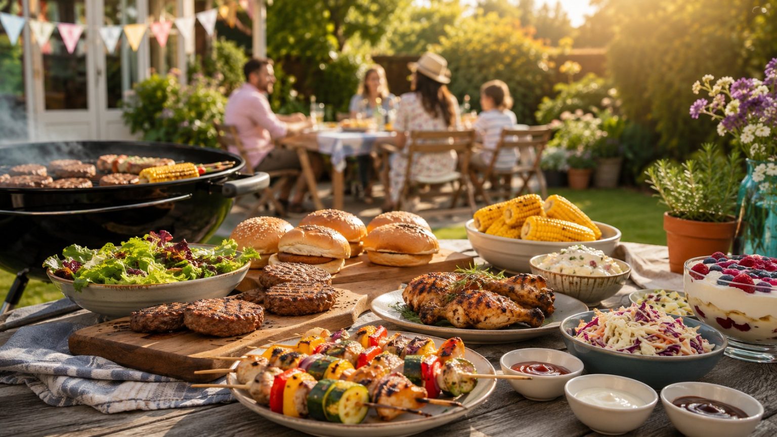 Bank Holiday BBQ menu with burgers, grilled chicken, vegetable skewers, salads and summer sides