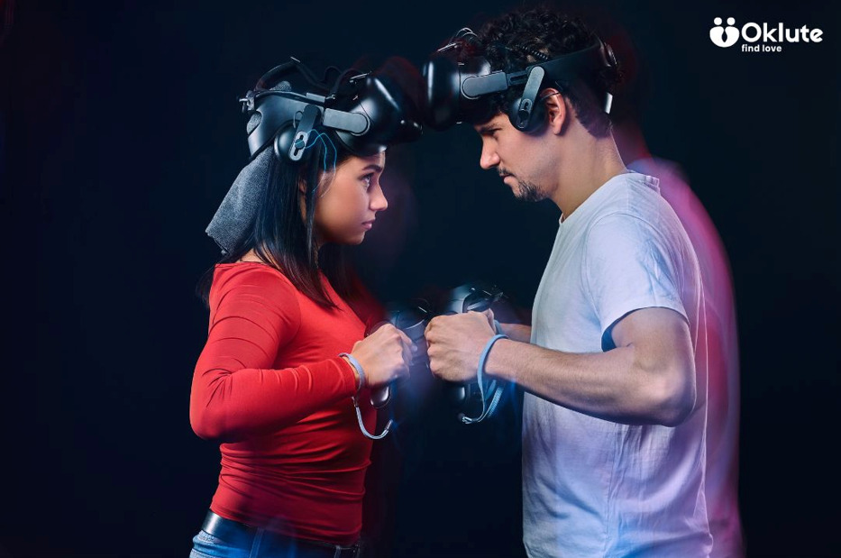 Two players experiencing an artificial intelligence virtual reality game