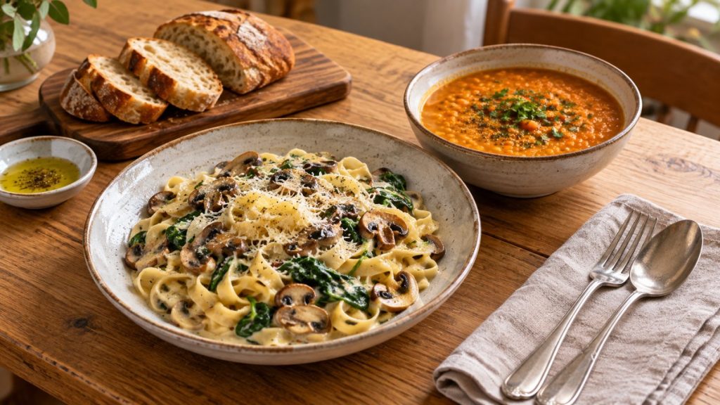 Easy Autumn Dinner Ideas: 8 Comforting Meals for Busy Evenings Easy autumn dinner ideas with mushroom pasta, lentil soup and crusty bread